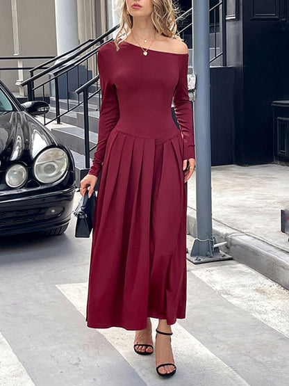 High Waisted Long Sleeves Pleated Solid Color Split-Front One-Shoulder Maxi Dresses
