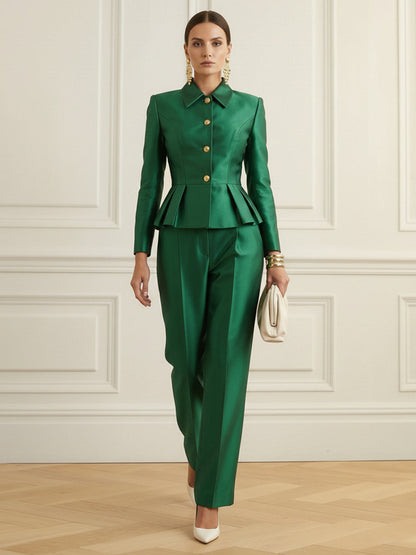 Elasticated Waist High Waisted Buttoned Contrast Color Ruffled Split-Joint Lapel Blazer Blouses&Shirts Tops