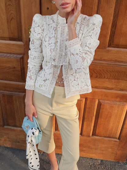 Long Sleeves Crochet Hollow Knot Solid Color Split-Joint Stand Collar Blouses&Shirts Tops
