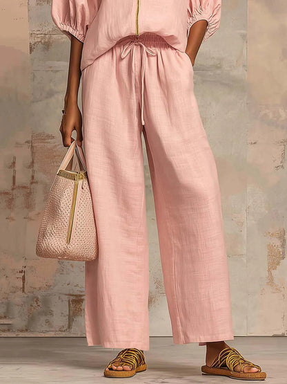 Half Sleeves Loose Drawstring Elasticity Pockets Solid Color Zipper Round-Neck Blouses&Shirts Tops Pants Trousers Two Pieces Set