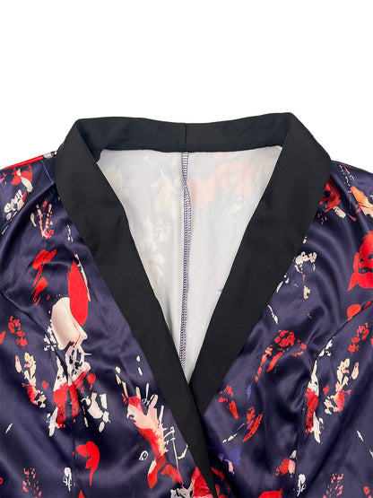 Bodycon Elasticated Waist Contrast Color Flower Print Split-Joint Lapel Midi Dresses