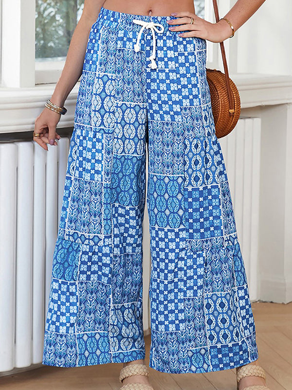 High Waisted Loose Drawstring Pleated Printed Pants Trousers