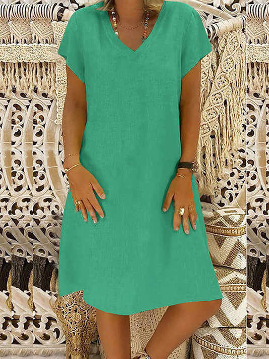 A-Line Loose Solid Color V-Neck Midi Dresses