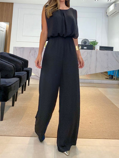 High-Low Wide Leg Backless Hollow Solid Color Round-Neck Jumpsuits Bottoms