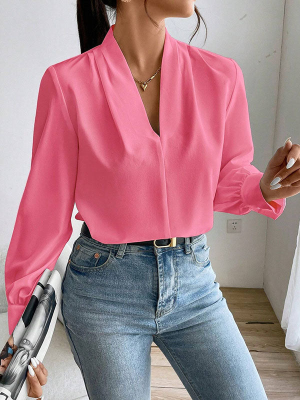 Long Sleeves Loose Pleated Solid Color Split-Joint V-Neck Blouses&Shirts Tops