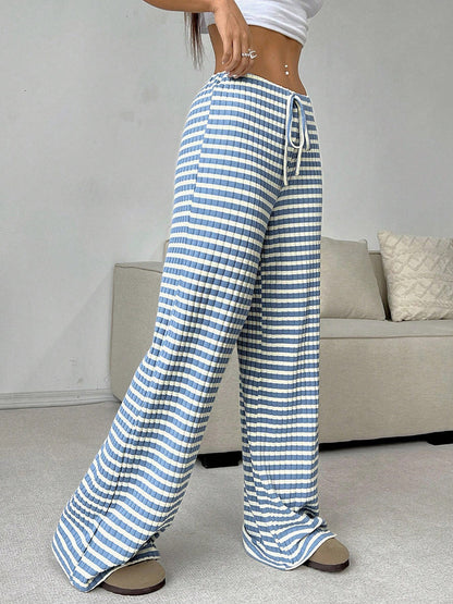 Elasticated Waist High Waisted Contrast Color Drawstring Split-Joint Striped Pants