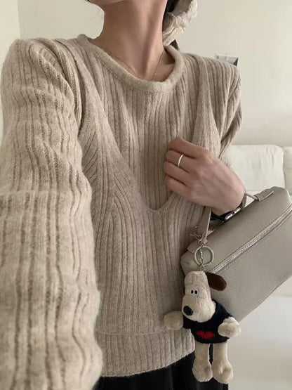 False Two Long Sleeves Solid Color Round-Neck Pullovers Sweater Tops
