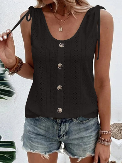 Loose Plus Size Buttoned Hollow Pleated Split-Joint Tied U-neck Vest Top