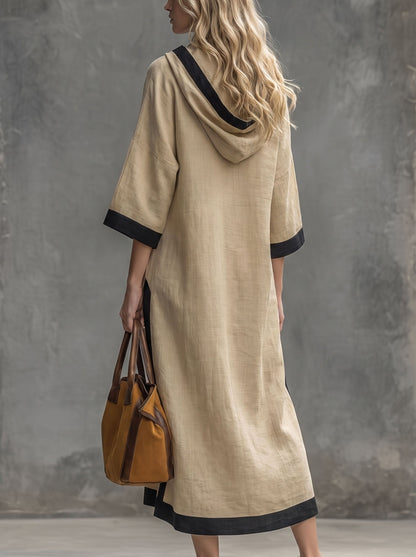Pockets Drawstring Contrast Color Three-quarter Sleeves Loose Hooded Midi Dresses