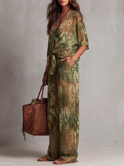 Half Sleeves Loose Contrast Color Knot Leopard Printed See-Through Deep V-Neck Blouses&Shirts Tops