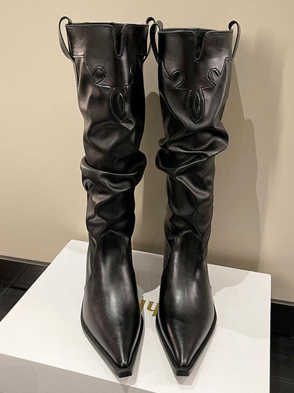 Chunky Shoes Pleated Pointed-Toe Solid Color Boots