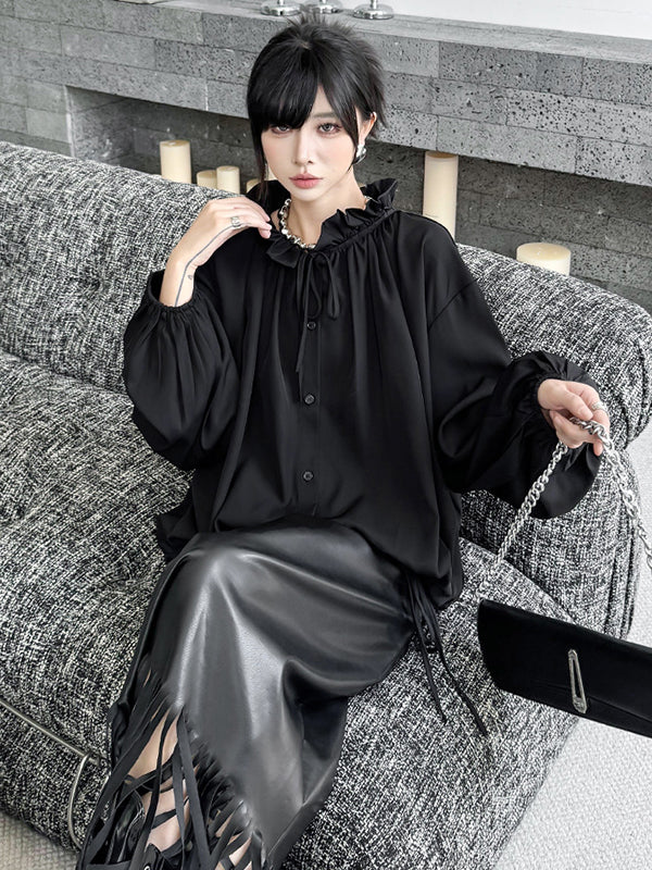 Long Sleeves Loose Drawstring Pleated Pullover Design Solid Color Lace Collar Blouses&Shirts Tops