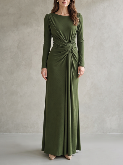 Solid Color Knot Long Sleeves Bodycon Round-neck Maxi Dresses