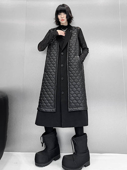 Loose Sleeveless Buttoned Plaid Pockets Solid Color Split-Joint Notched Collar Outerwear Padded Vest