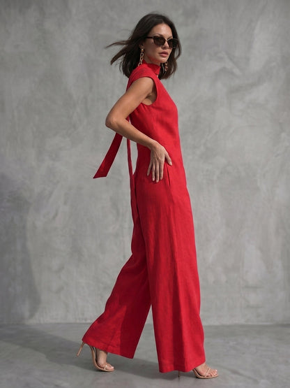 Loose Wide Leg Pockets Solid Color Streamer Deep V-Neck Jumpsuits