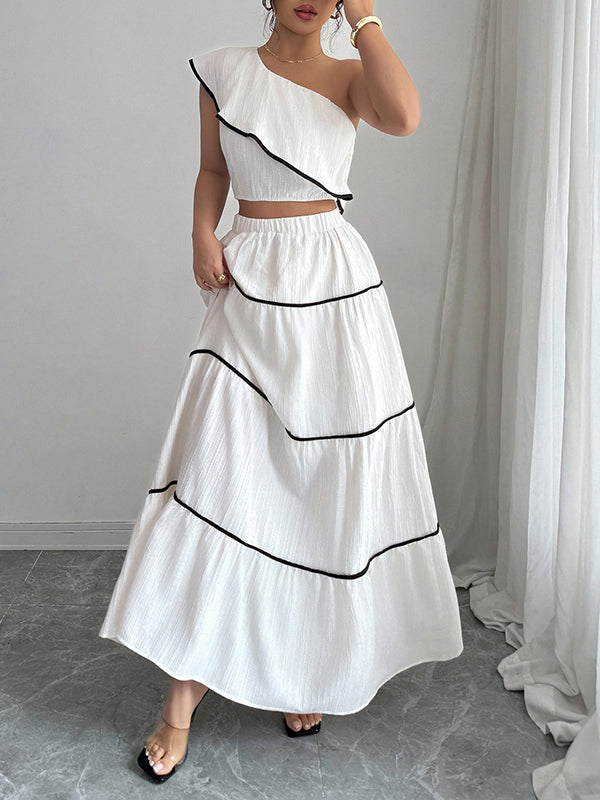 Sleeveless Elasticity Pleated One-Shoulder Vest Top + A-Line Skirts Bottom Two Pieces Set