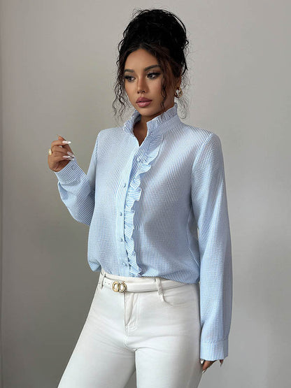Long Sleeves Skinny Buttoned Ruffled Split-Joint Striped Stand Collar Blouses&Shirts Tops