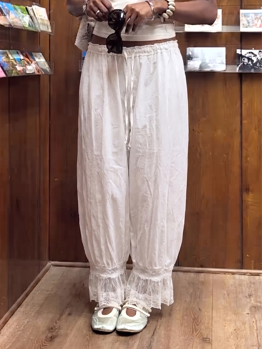Split-Joint Solid Color See-Through Pockets Elasticity Drawstring High Waisted Trousers Pants