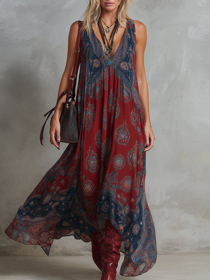 Loose Sleeveless Contrast Color Pleated Printed V-Neck Maxi Dresses