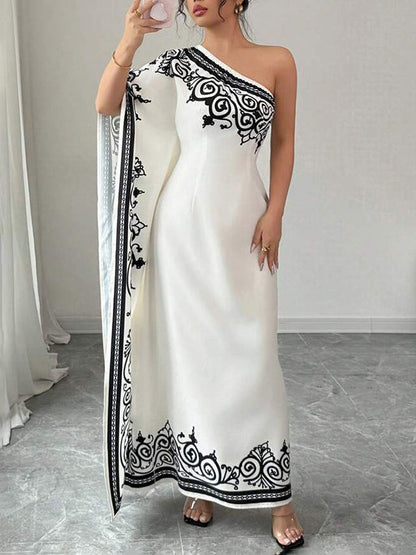 Batwing Sleeves Loose Asymmetric Elasticity Flower Print Pleated One-Shoulder Maxi Dresses