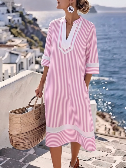 Striped Printed Pockets Contrast Color Loose Half Sleeves V-neck Midi Dresses