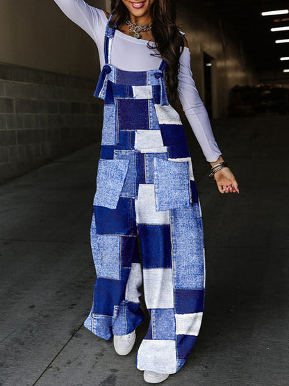 Loose Sleeveless Color-Block Knot Pockets Split-Joint Overalls