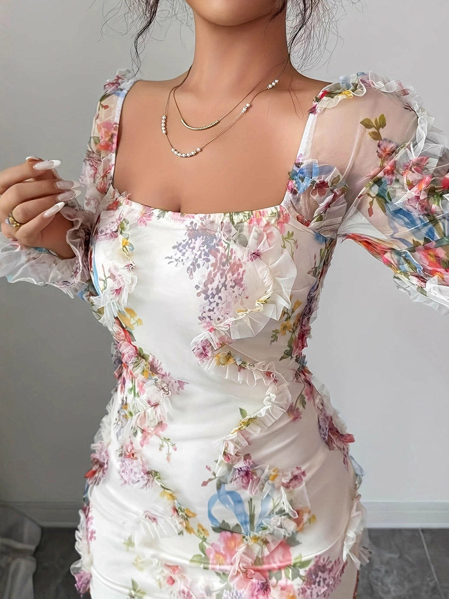 Bodycon Long Sleeves Contrast Color Flower Print Ruffle Trim See-Through Split-Joint Square-Neck Midi Dresses