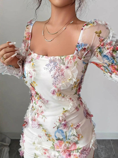 Bodycon Long Sleeves Contrast Color Flower Print Ruffle Trim See-Through Split-Joint Square-Neck Midi Dresses