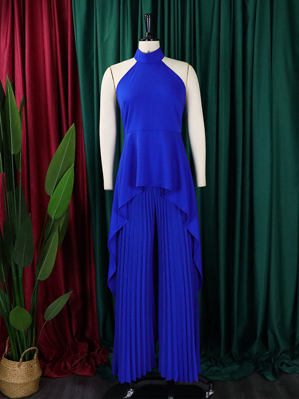 Loose Backless Lacy Solid Color Halter-Neck Vest Top + High-Low Pants Bottom Two Pieces Set