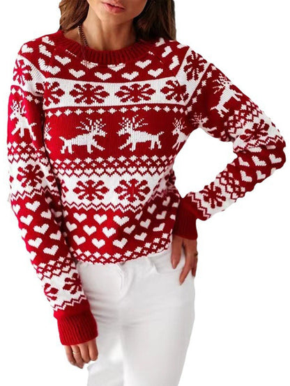 Long Sleeves Contrast Color Knitted Flower Round-Neck Pullovers Sweater Tops