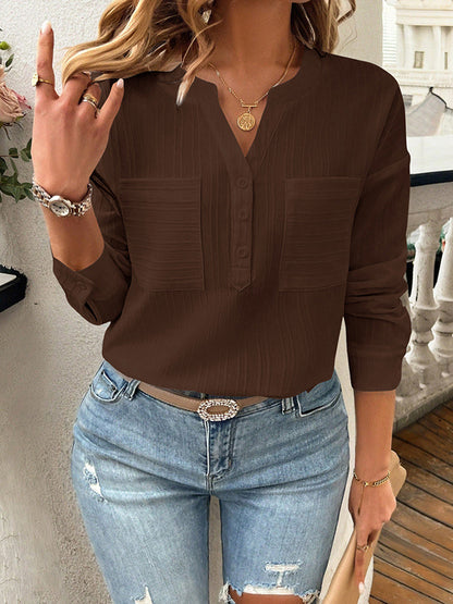 Long Sleeves Loose Buttoned Pockets Solid Color V-Neck Blouses&Shirts Tops