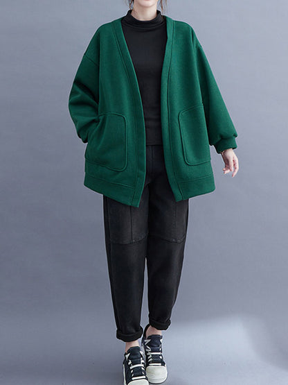 Long Sleeves Loose Pockets Solid Color Collarless Outerwear