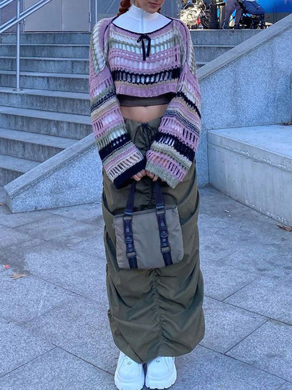 Long Sleeves Loose Drawstring Hollow Split-Joint Round-Neck Sweater Tops