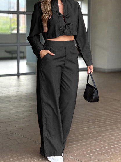 Long Sleeves Solid Color Tied Stand Collar Blouses&Shirts Tops + Elasticity Pockets High Waisted Pants Bottom Two Pieces Set