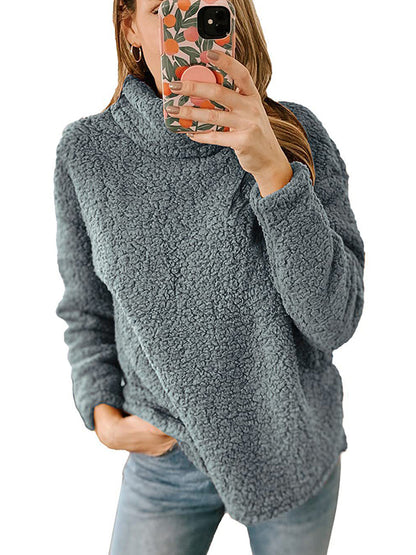 Long Sleeves Loose Solid Color Split-Joint High Neck Sweatshirt Tops