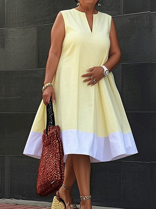 A-Line Loose Contrast Color Pockets V-Neck Midi Dresses