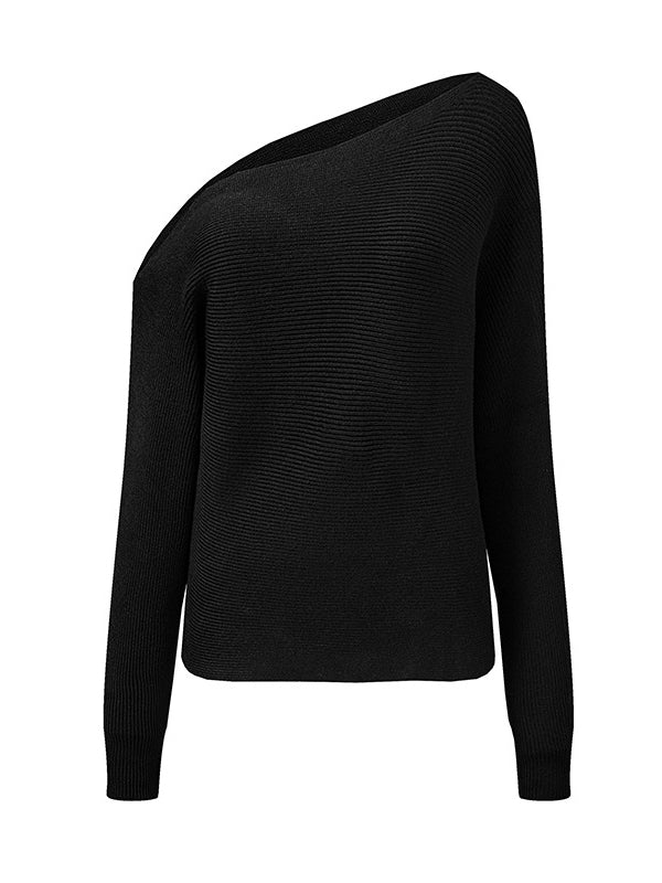 Long Sleeves Loose Asymmetric Solid Color One-Shoulder Pullovers Sweater Tops