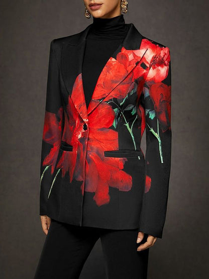 Long Sleeves Loose Asymmetric Floral Printed Split-Joint Lapel Blazer Suit Outerwear