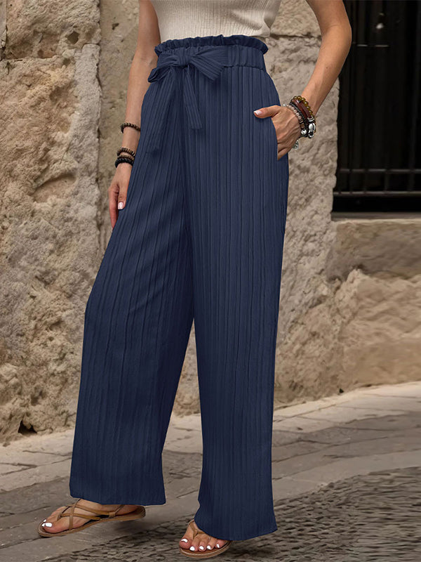 High Waisted Loose Elasticity Pleated Solid Color Tied Waist Pants Trousers