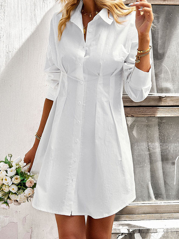 Long Sleeves Skinny Pleated Split-Joint Lapel Mini Dresses Shirt Dress