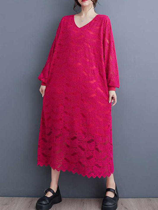 Bishop Sleeve Long Sleeves Jacquard V-Neck Midi Dresses