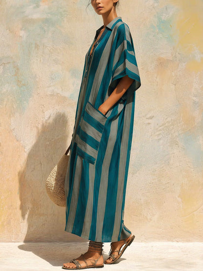Half Sleeves Loose Buttoned Contrast Color Pockets Striped Lapel Maxi Dresses