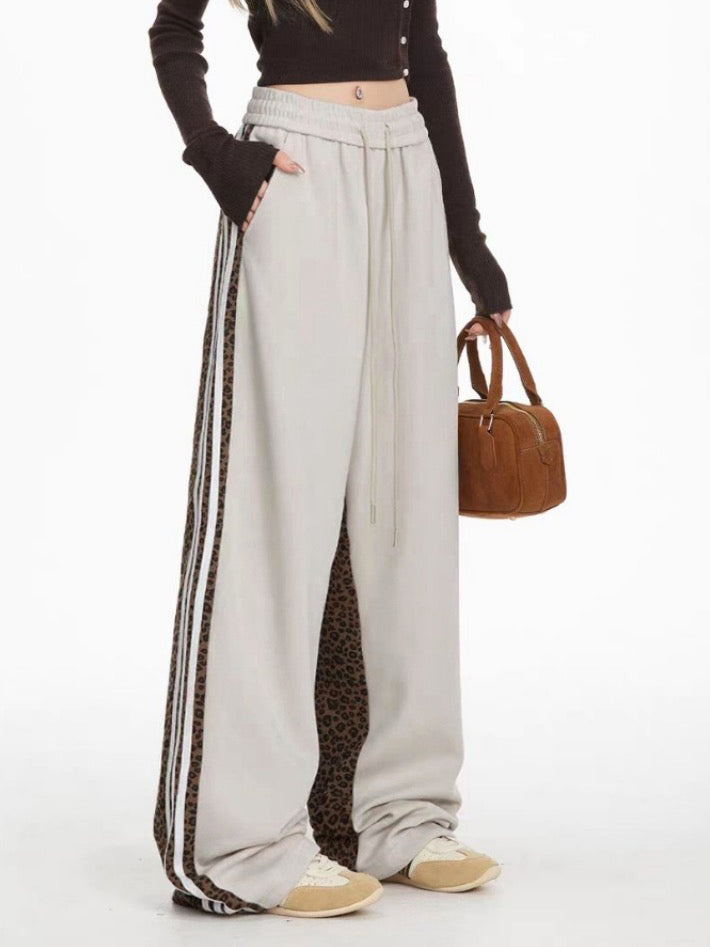 High Waisted Loose Contrast Color Drawstring Leopard Split-Joint Striped Pants Trousers