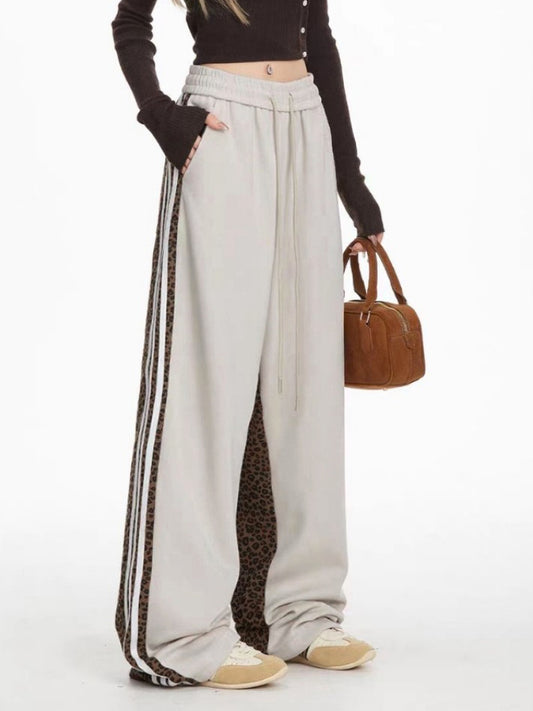 High Waisted Loose Contrast Color Drawstring Leopard Split-Joint Striped Pants Trousers