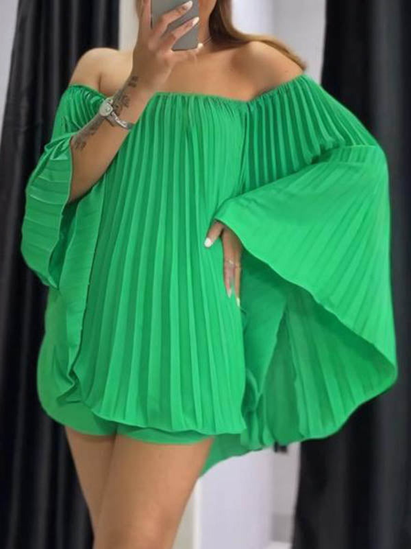 Batwing Sleeves Loose Pleated Solid Color Off-The-Shoulder Shirt Top + Shorts Bottom Two Pieces Set