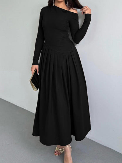 A-Line Bodycon Asymmetric Pleated Solid Color Split-Joint One-Shoulder Maxi Dresses
