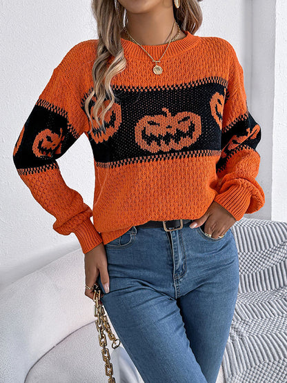 Long Sleeves Loose Contrast Color Split-Joint Round-Neck Pullovers Sweater Tops