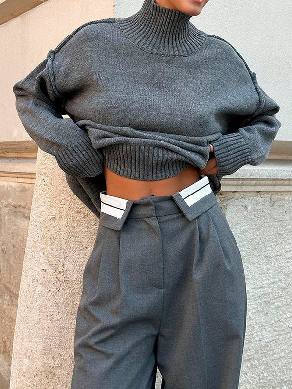 Long Sleeves Loose Solid Color Split-Joint High Neck Pullovers Sweater Tops