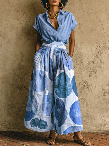 Loose Wide Leg Buttoned Elasticity Pockets Printed Lapel Two Pieces Set
