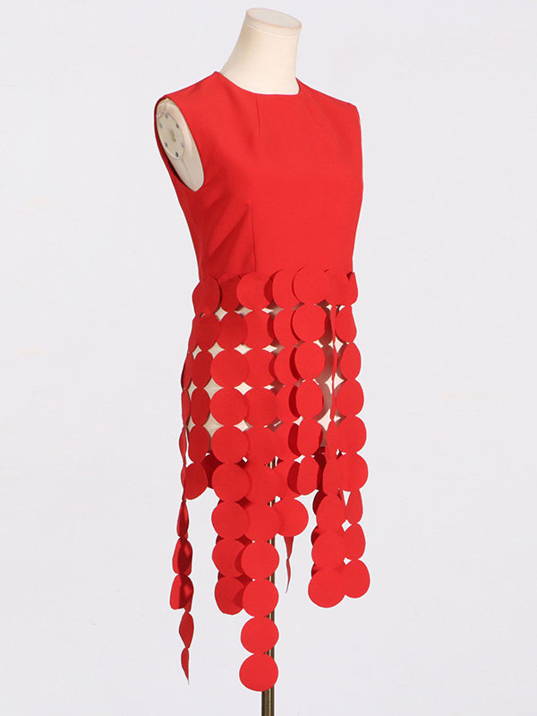 Sleeveless Polka-Dot Solid Color Split-Joint Tasseled Round-Neck Vest Top